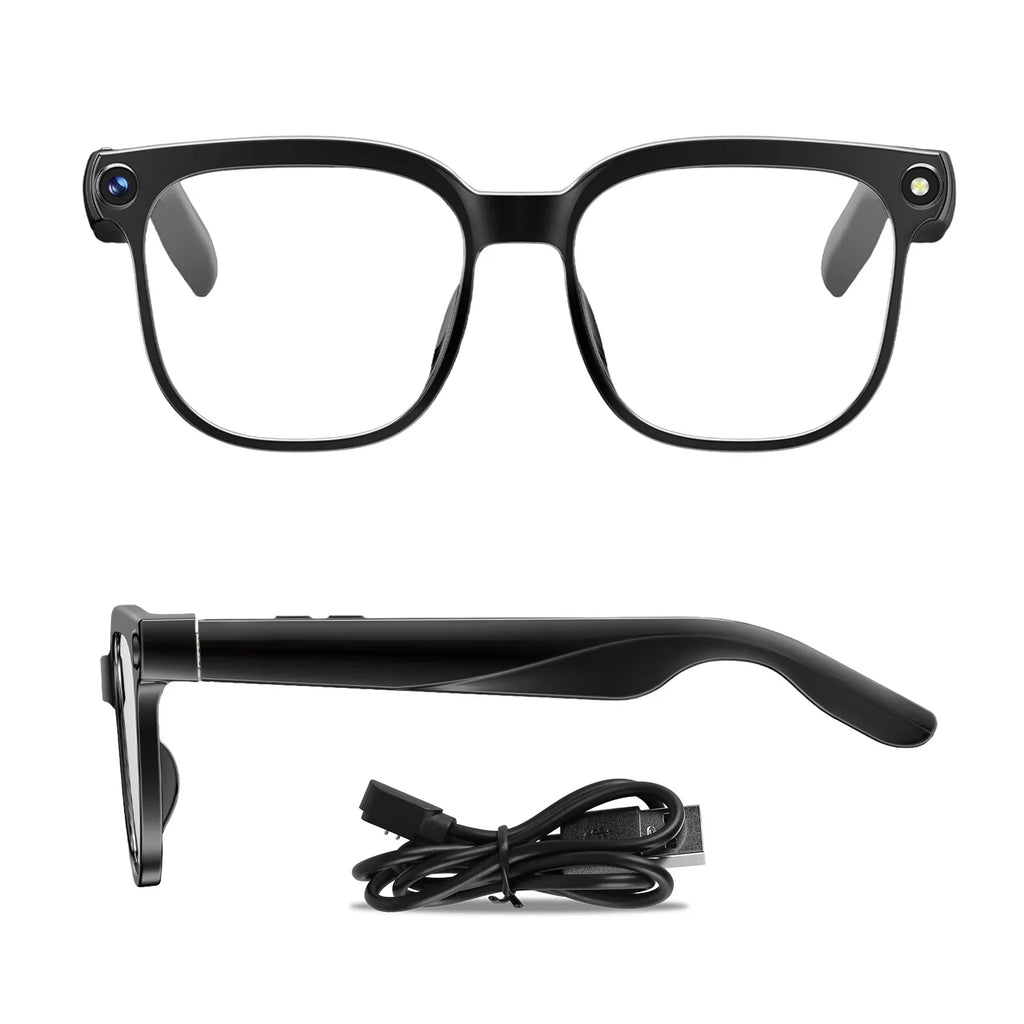 Smart glasses with built-in camera, black frame, side view, and USB charging cable