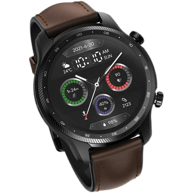 Black smart watch with brown leather band, digital display, fitness tracking, and weather info