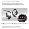 Open-Ear Bluetooth Earphones with charging case and remote photo taking feature display.