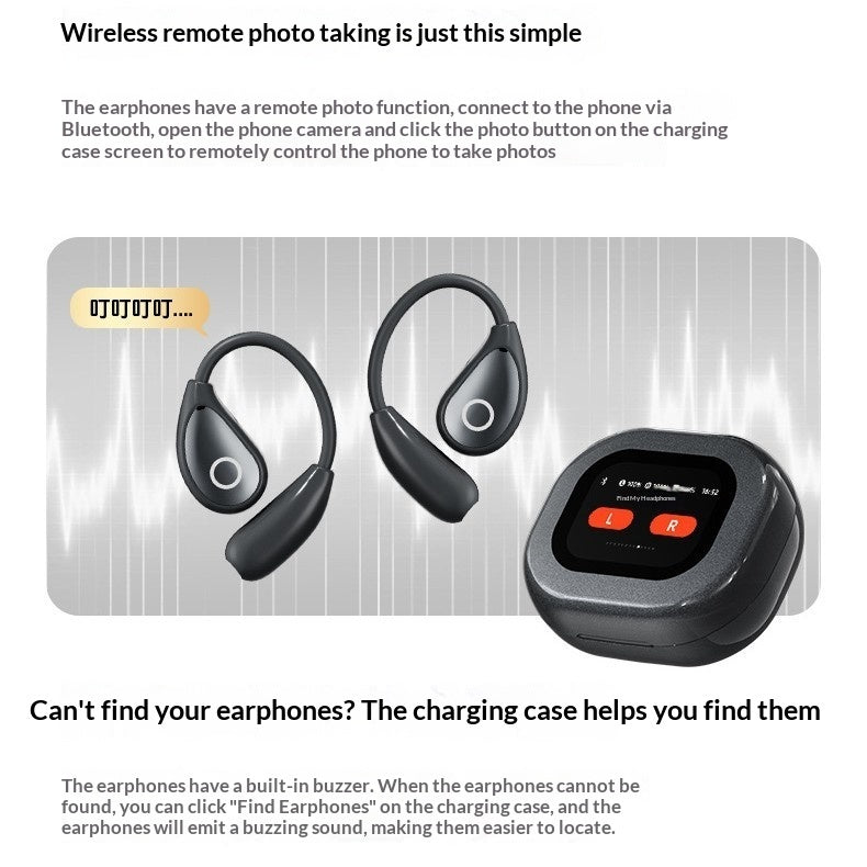 Open-Ear Bluetooth Earphones with charging case and remote photo taking feature display.