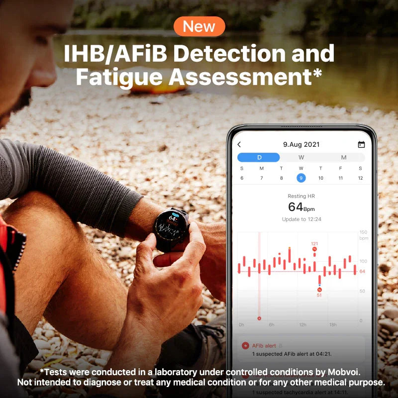 Man using smartwatch with IHB and AFib detection by a lake, heart rate data on smartphone screen