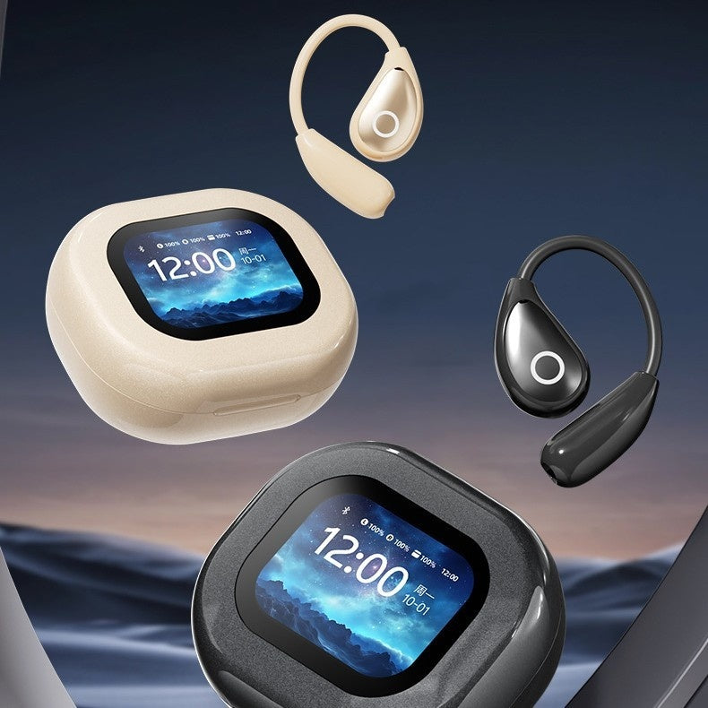 Open-Ear Bluetooth Earphones in black and beige with charging case, showcasing LED display and lightweight design.