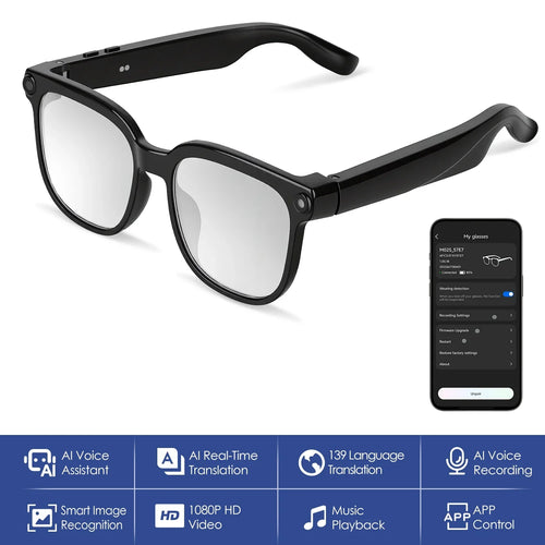 Black smart glasses with built-in camera and app control, featuring AI voice assistant, translation, HD video, and music playback