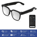 Smart AI glasses with black frames, smartphone app control, and features like voice assistant, translation, HD video, and music playback.