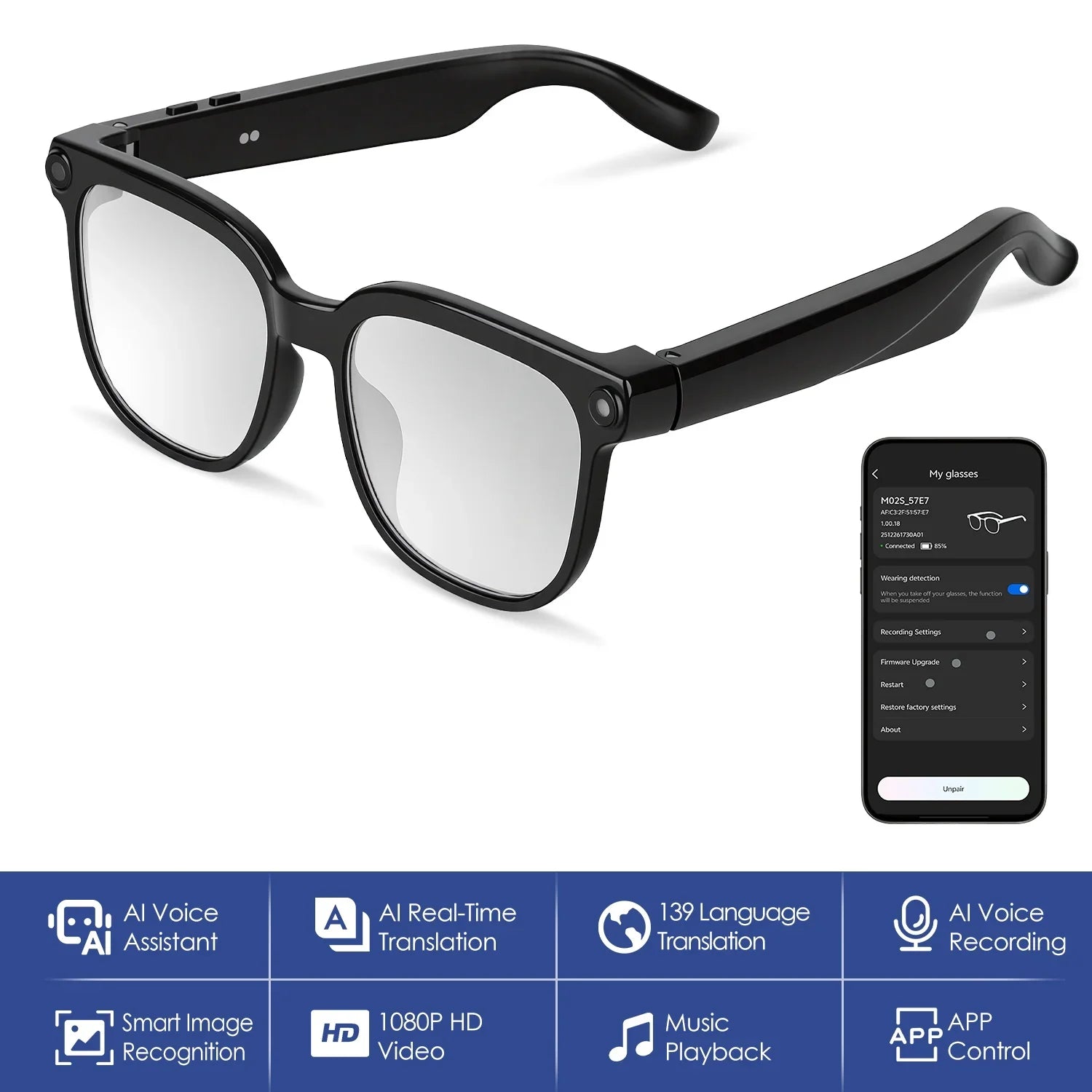 Smart AI glasses with black frames, smartphone app control, and features like voice assistant, translation, HD video, and music playback.