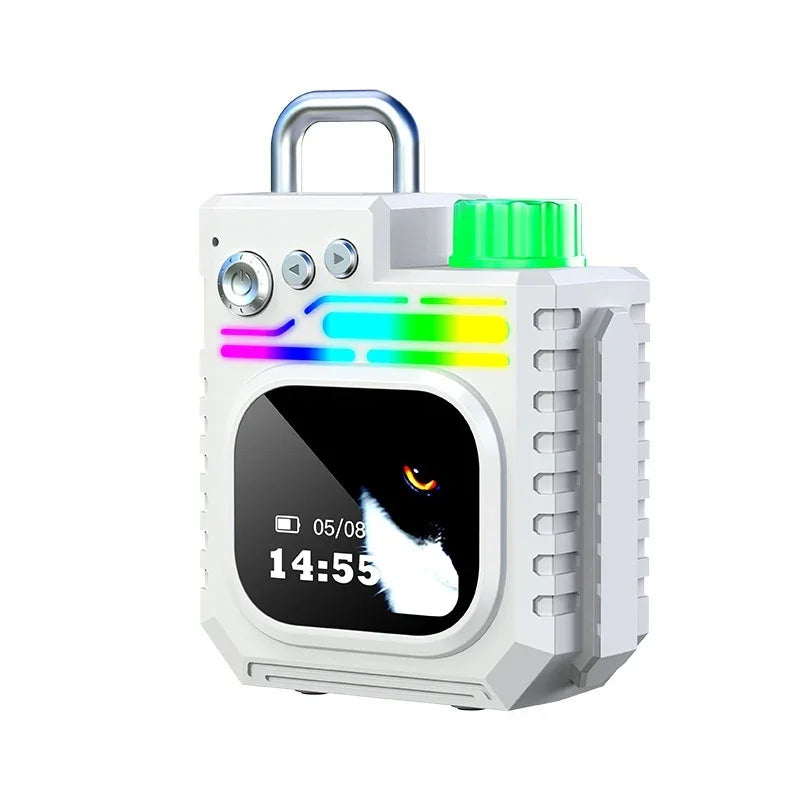 White portable speaker with LED lights, digital display, and control buttons