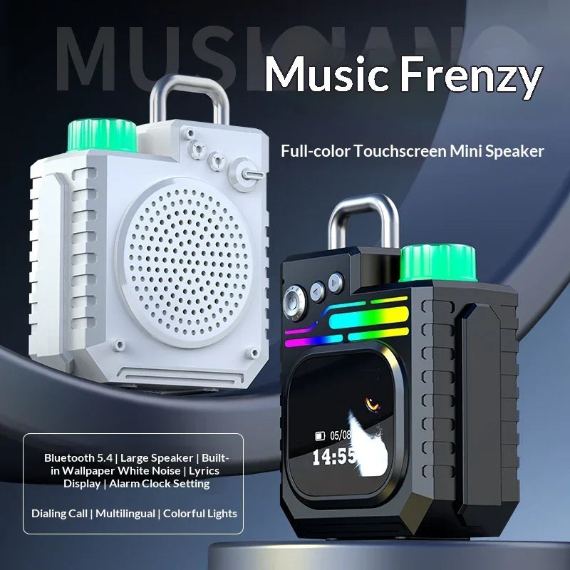 Bluetooth 5.4 mini speaker with touchscreen, colorful LED lights, built-in alarm, and call function