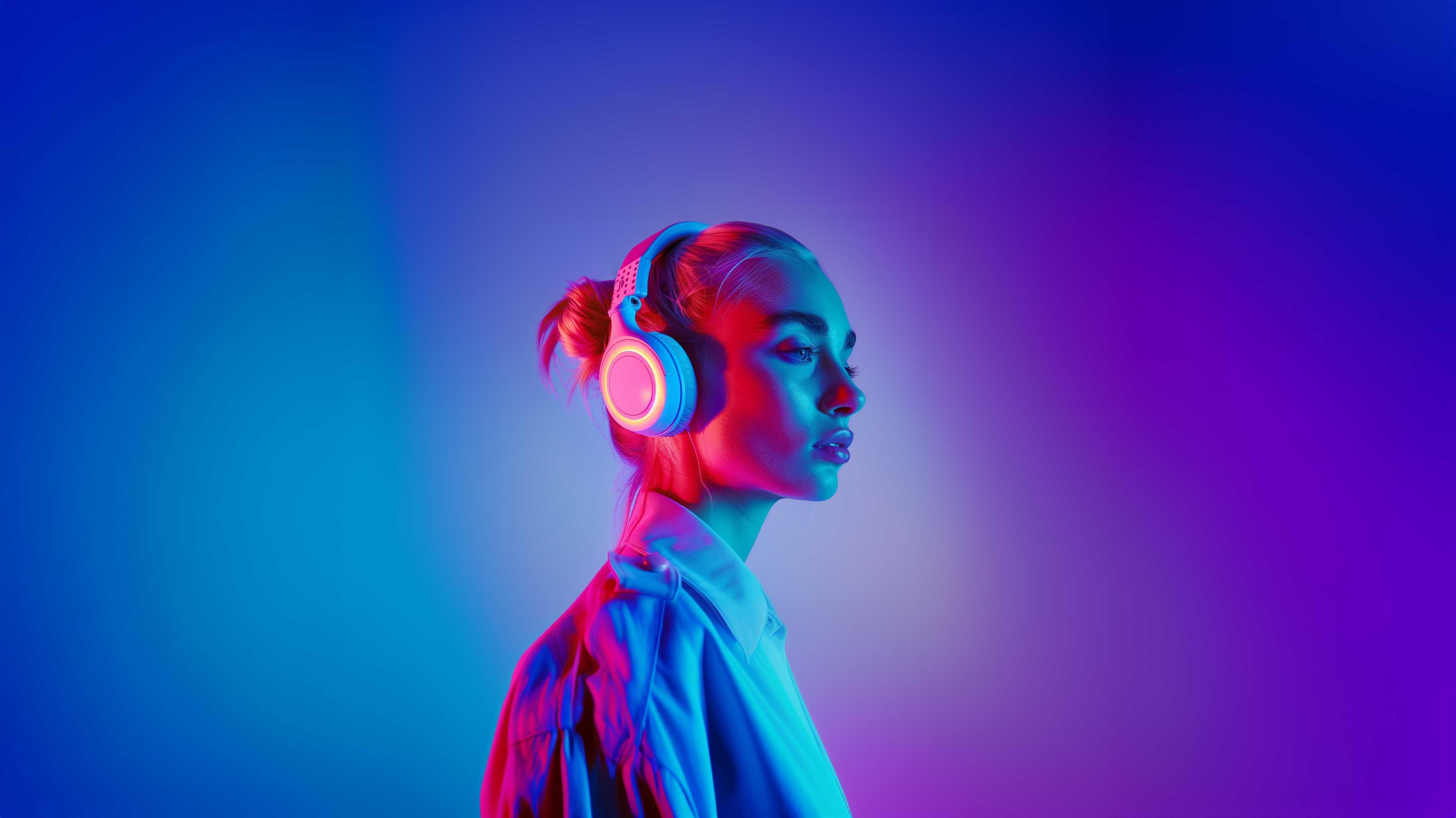 Woman wearing wireless headphones in vibrant neon blue and pink lighting, side profile