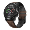 Black smart watch with round dial, health tracking display, and brown leather strap