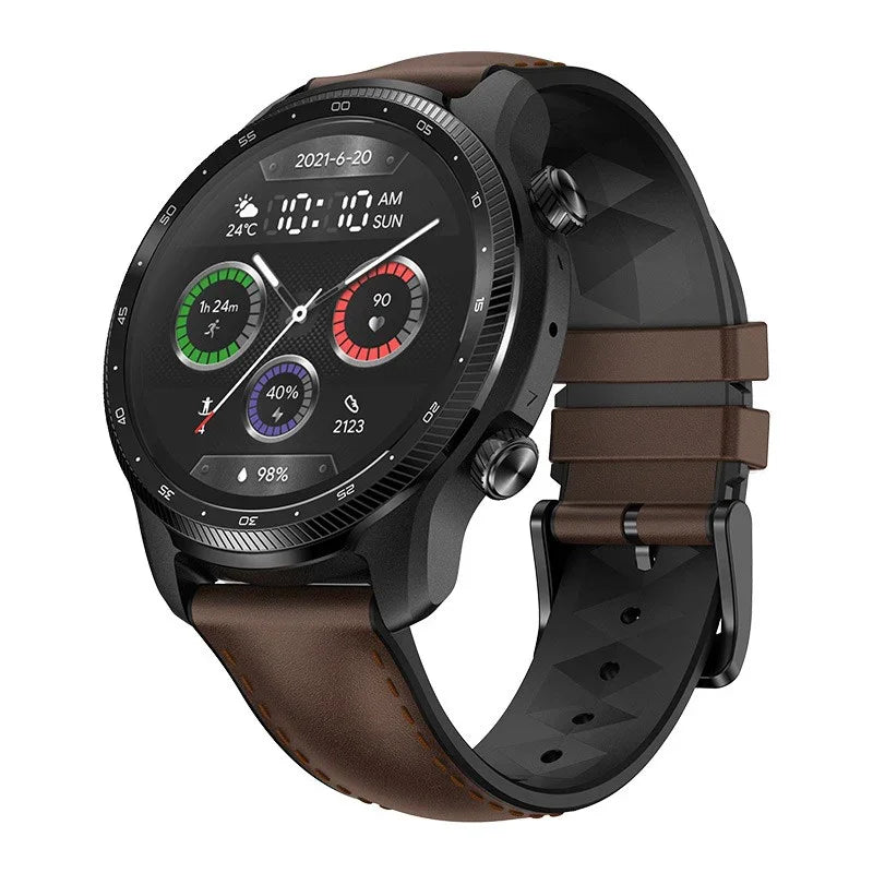 Black smart watch with round dial, health tracking display, and brown leather strap