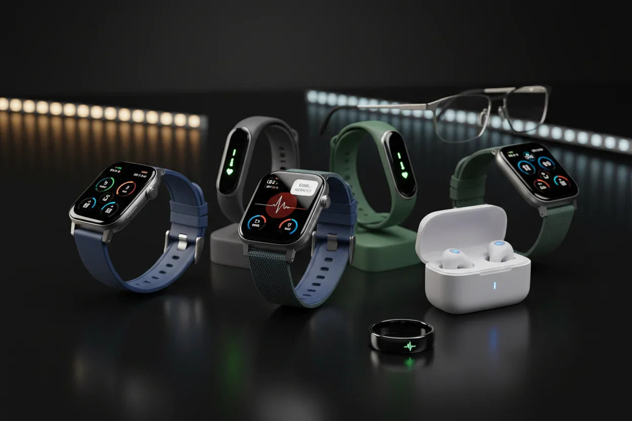 Assorted smart wearable devices including smartwatches, fitness trackers, smart ring, earbuds, and smart glasses on a black surface